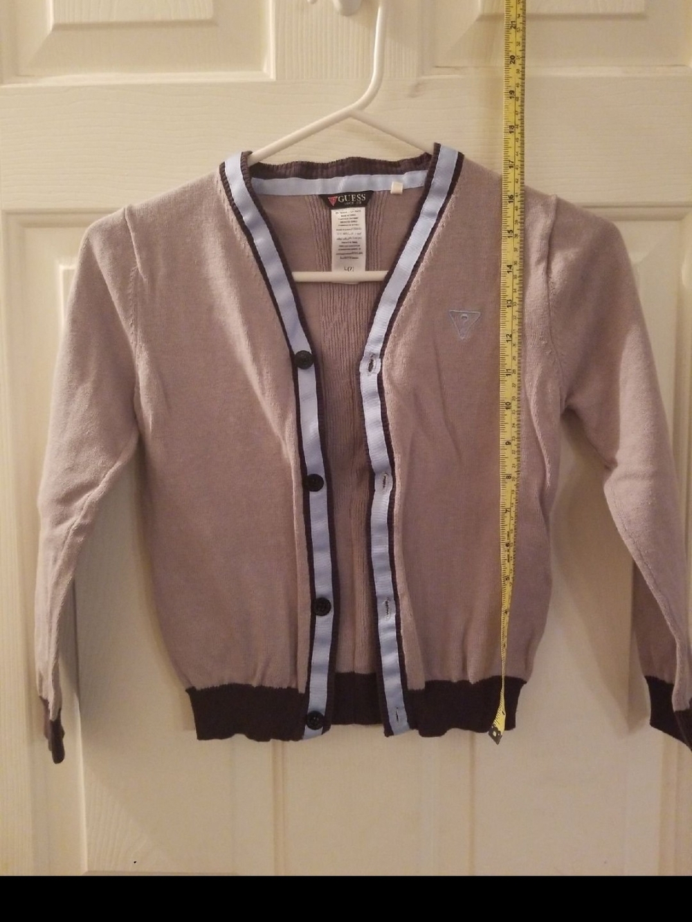 GUESS Gray Cardigan with Light Blue & Navy Trim Size 7